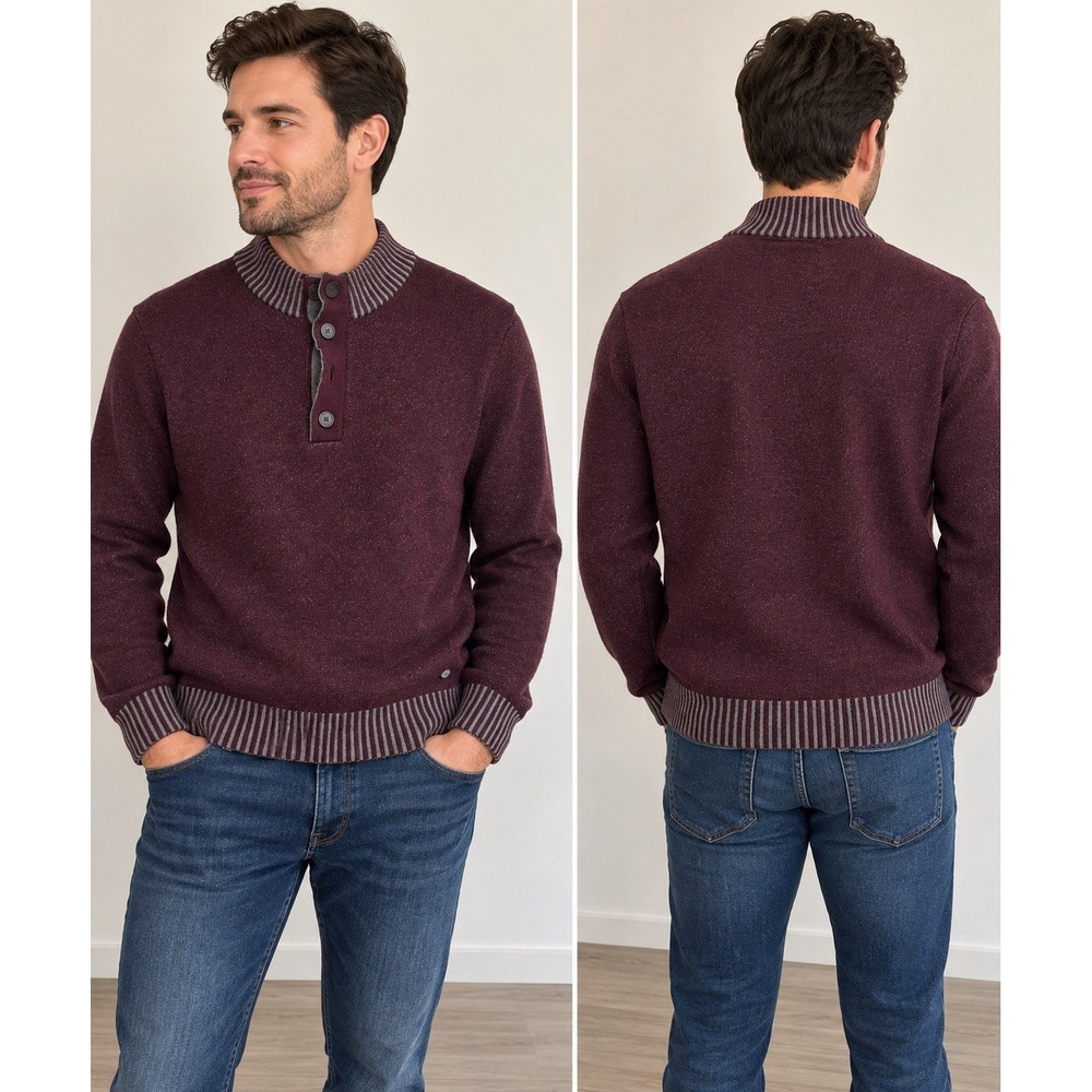 Raffi Men's Wool Cashmere Pullover Sweater Size L Burgundy Gray Button Collar